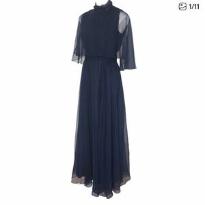 Vintage 70s MISS ELLIETTE Navy Blue Mock Neck Chiffon Cape Dress Size 12